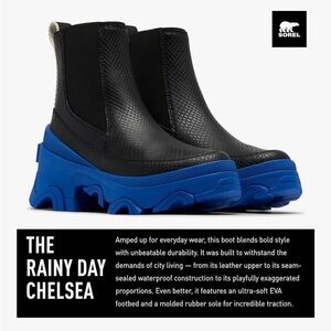 Sorel Black and Blue Rainy Day Chelsea Boots cobalt blue size 6